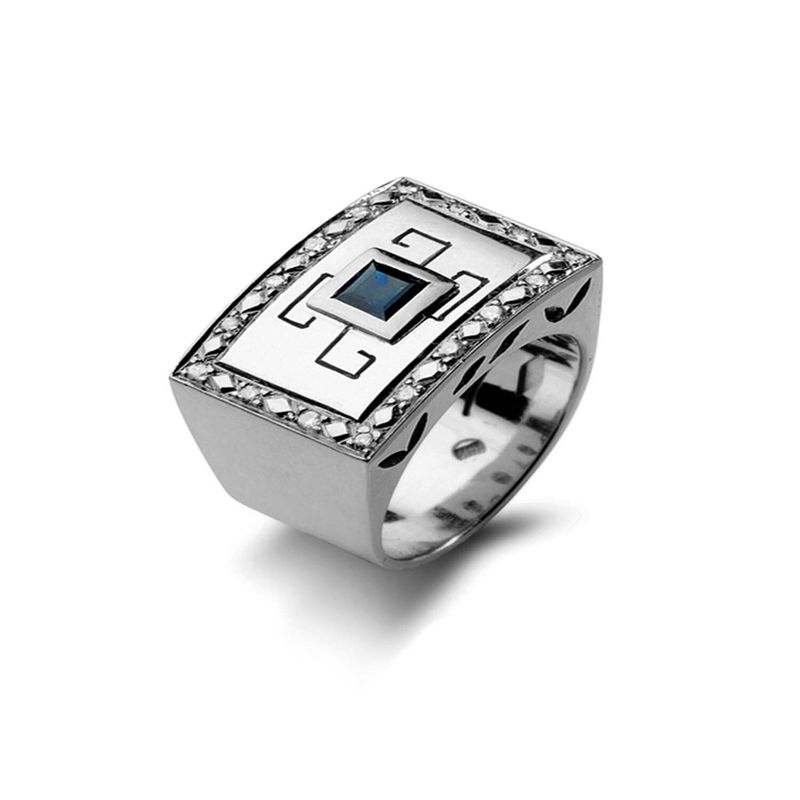 JB JOYAS BARON - Anillo de Oro Blanco 18kt Modelo Tezca 16 Diamantes Corte Brillante de 1pts y Zafiro central de 3x3