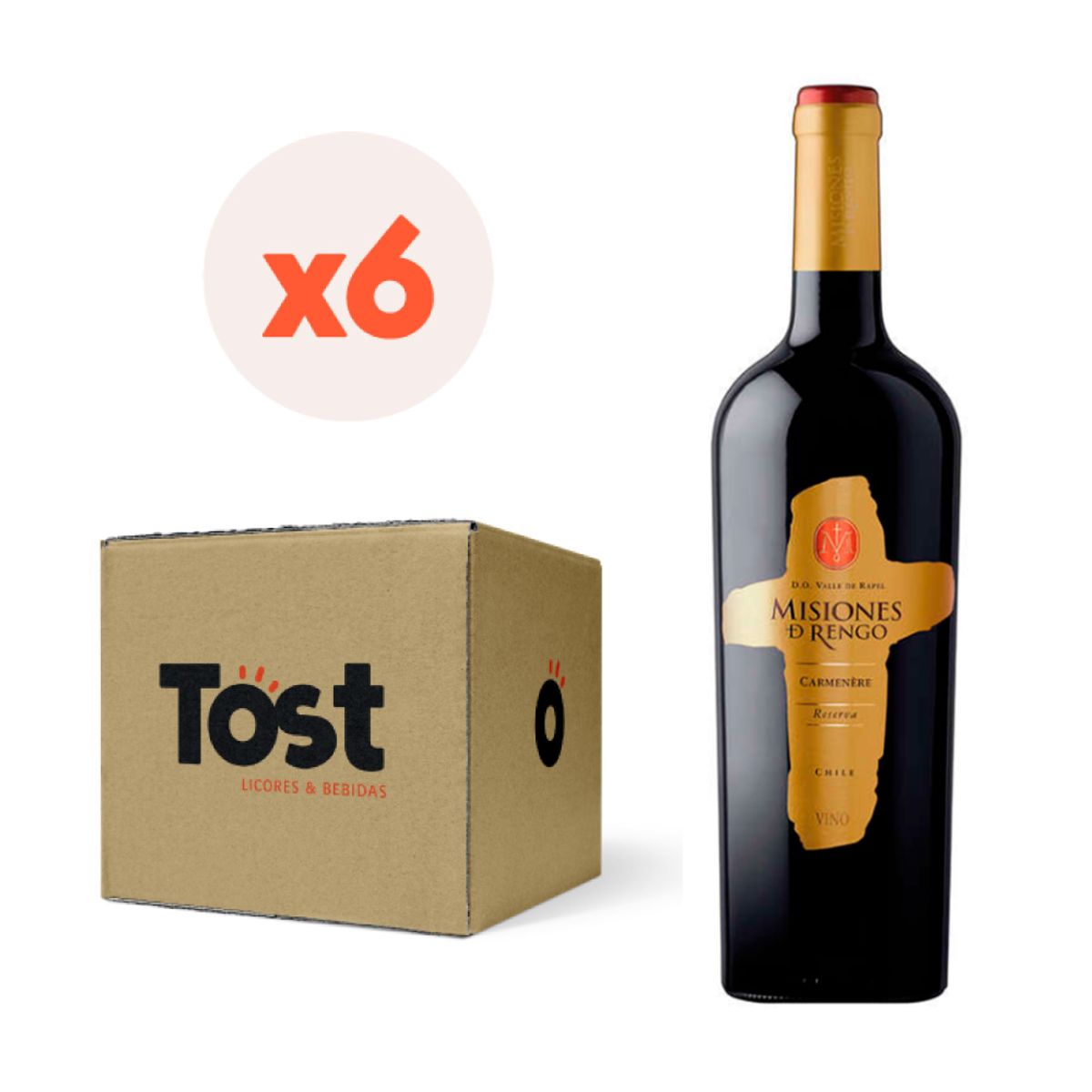MISIONES DE RENGO - 6x Vino Misiones De Rengo Reserva Carmenere 14° 750cc
