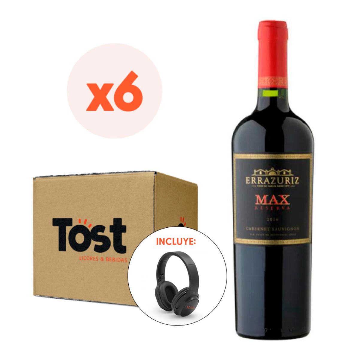 ERRAZURIZ MAX - 6x Vino Errázuriz Max Reserva Cabernet 750cc + Audífonos