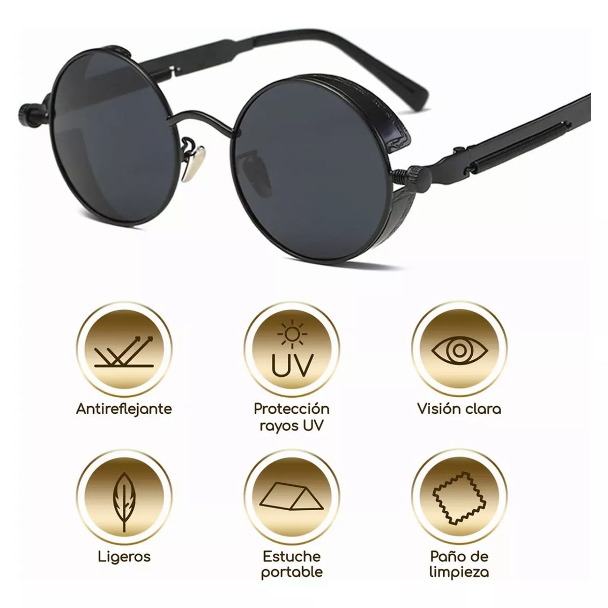 GENERICO - Lentes De Sol Uv Steampunk Gafas Moda Redondas De Metal