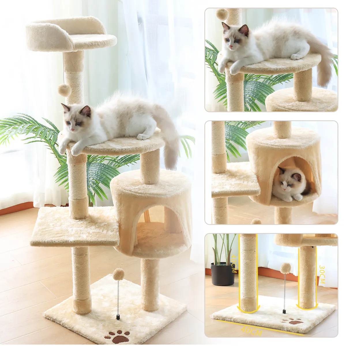 KOBA - Rascador Para Gatos Caseros Arbol Torre Con Yute 116cm Beige