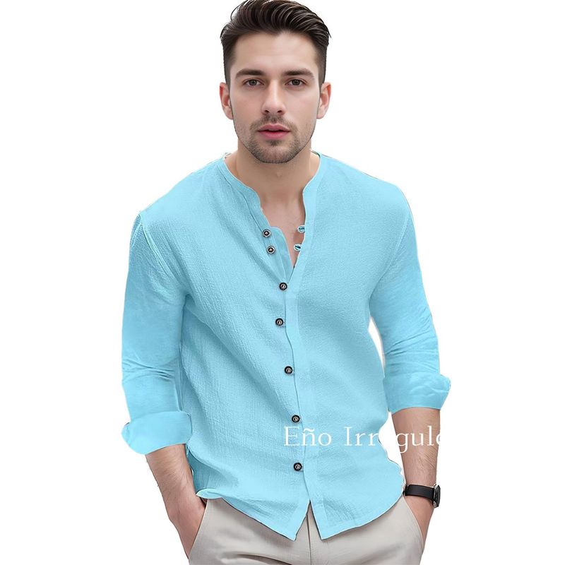 KOKILA - Camisa Hombre Algodón y Lino Manga Larga Cuello Bajo