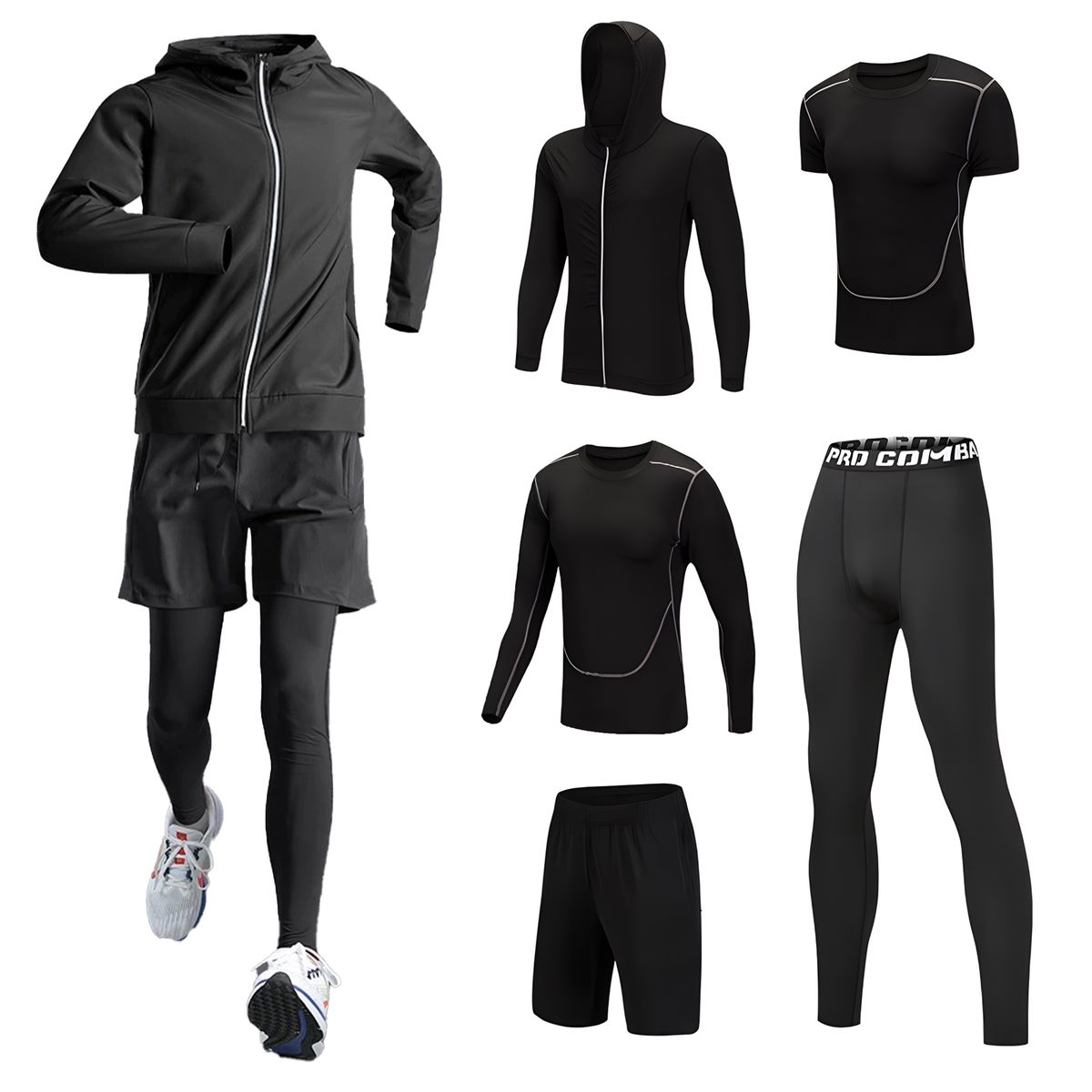 KOKILA - 5 Pack Conjunto Deportivo Gym Hombre Compresion Primera Capa
