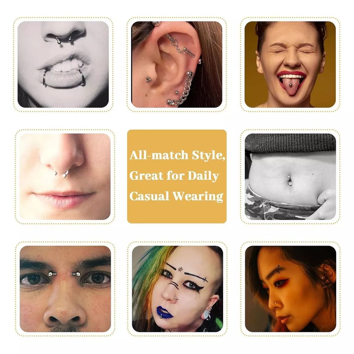 KUANGYE - 8 Pcs Piercing Mix Ceja Nariz Labios Ombligo Oreja