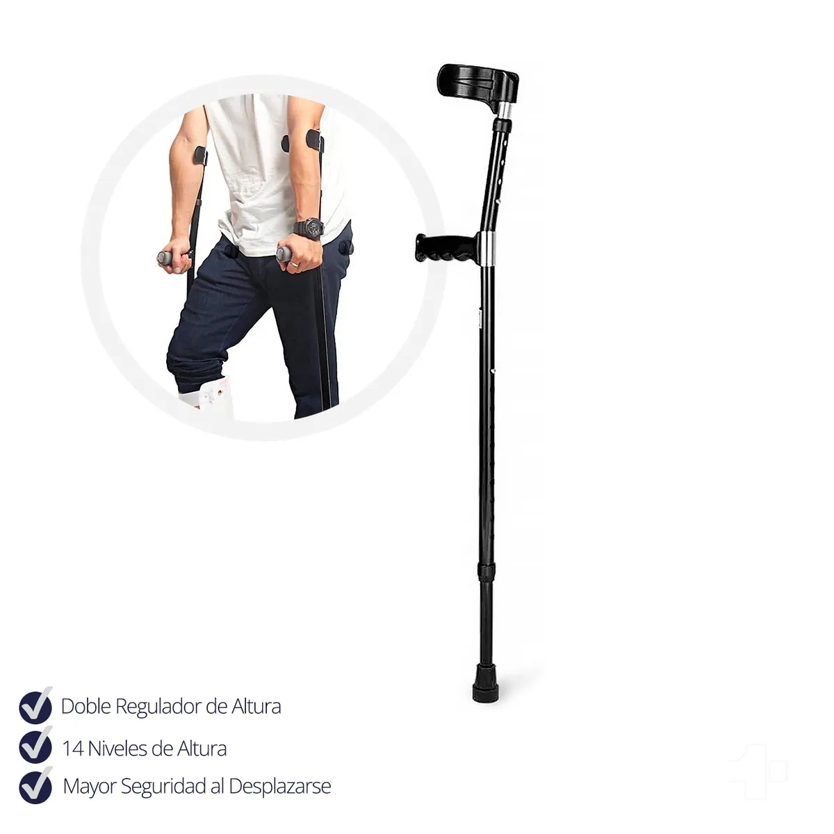 TOPMEDIC - TOPMEDIC Baston Muleta Ortopedica Canadiense Con Doble Regulador Para Adulto Mayor Moderno Negro