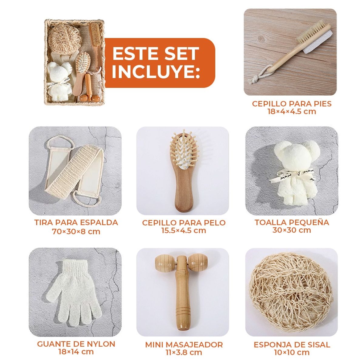 GENERICO - Set De Ducha Baño Cepillos Esponja Sisal Toalla Guante Spa.