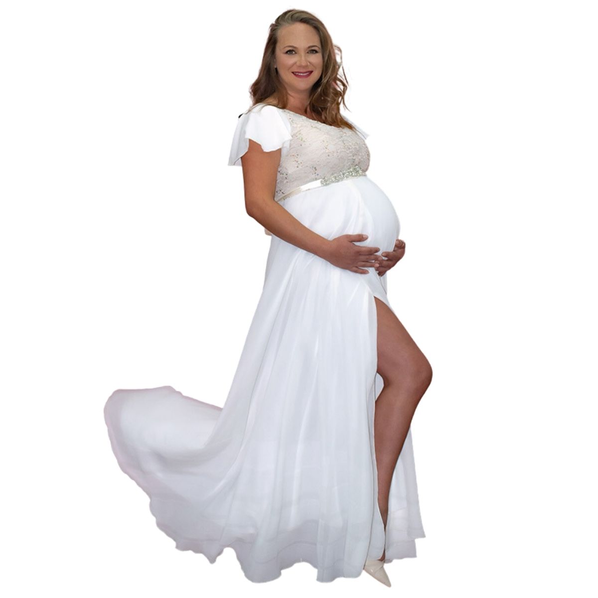 GENERICO - VESTIDO DE EMBARAZADA LARGO FALDA DE GASA MANGA VUELO IDEAL PARA BODA