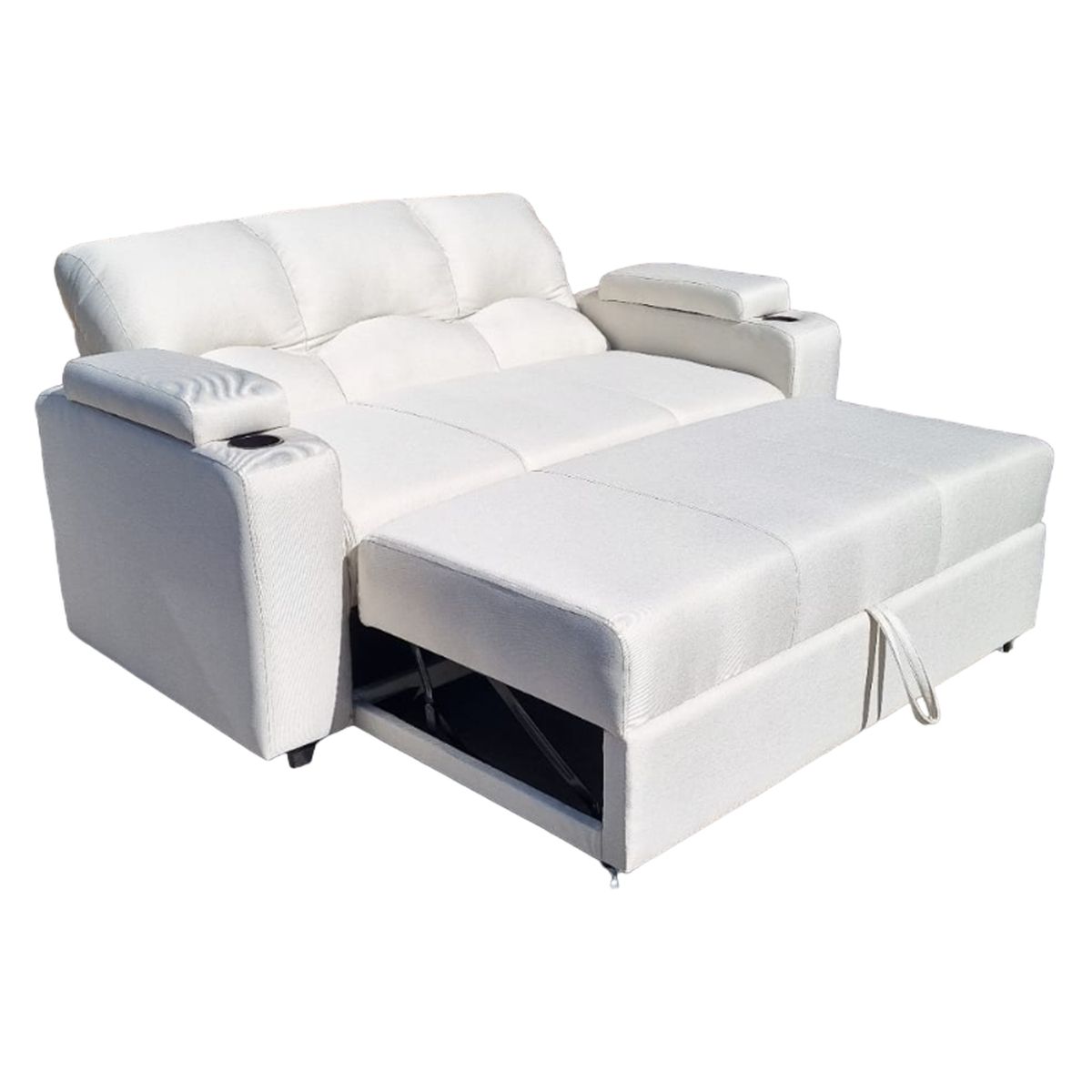 MUEBLERIA LATINA - SOFA CAMA FUNCIONAL 2 PZ DECO LINO IMPERMEABLE CRUDO CON POSAVASO