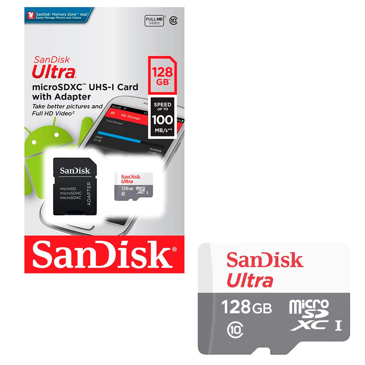 SANDISK - Tarjeta De Memoria MicroSD 128Gb Sandisk + Adaptador 100mb/s