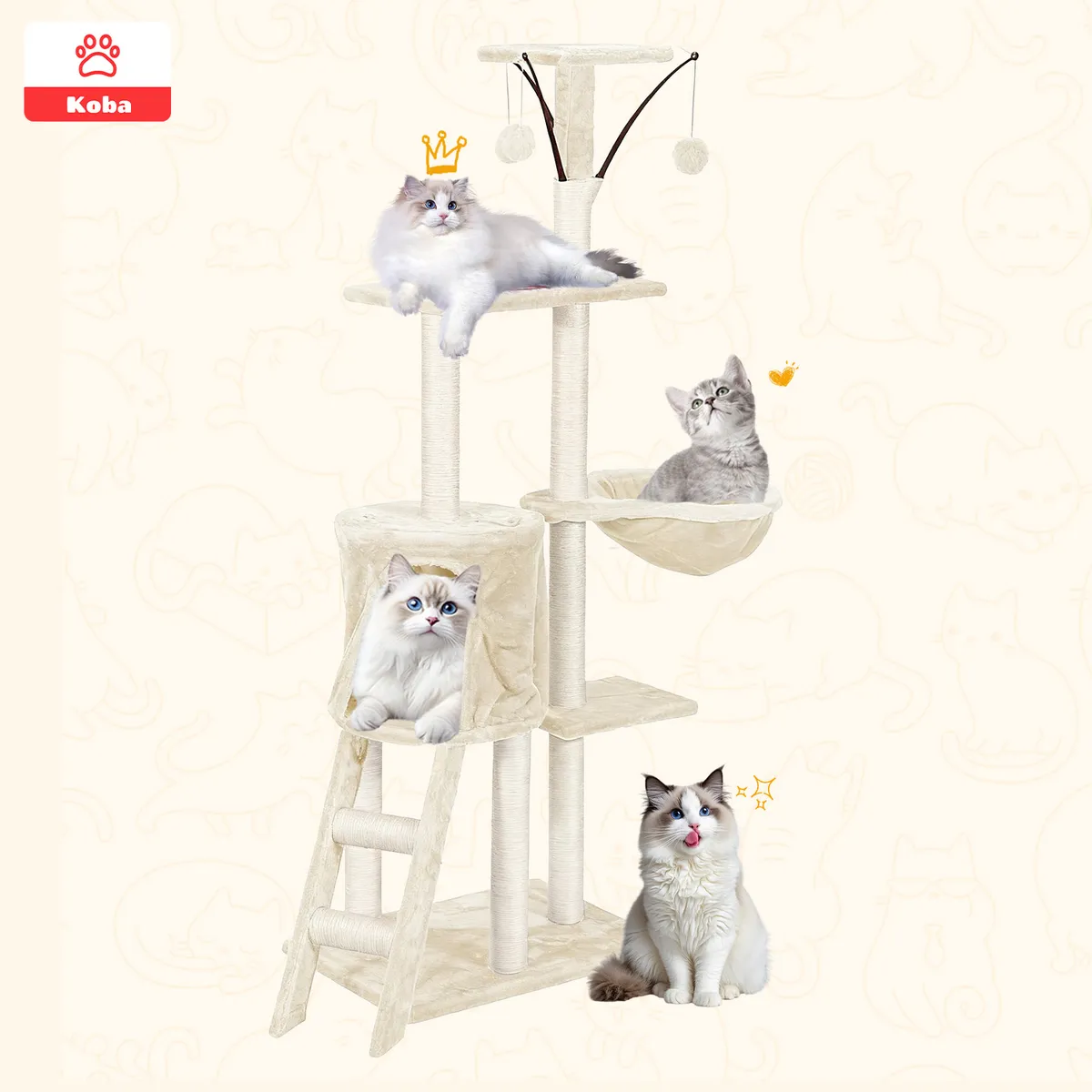 KOBA - Rascadores Casa Para Gatos Torre Multifuncional 138cm Beige