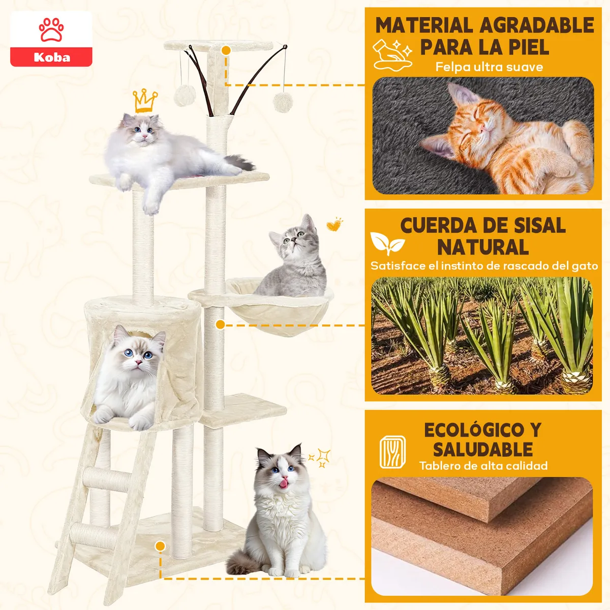 KOBA - Rascadores Casa Para Gatos Torre Multifuncional 138cm Beige