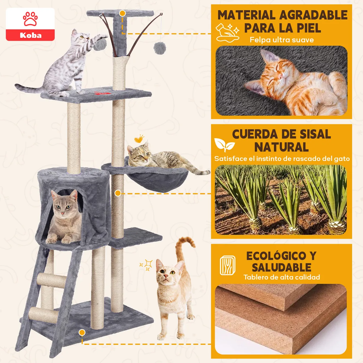 KOBA - Rascadores Para Gatos Torre Juguetes 138cm Marengo