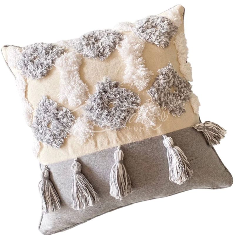 MANDIRHOME - Funda de Cojín Boho Gris Borlas Cuadrada