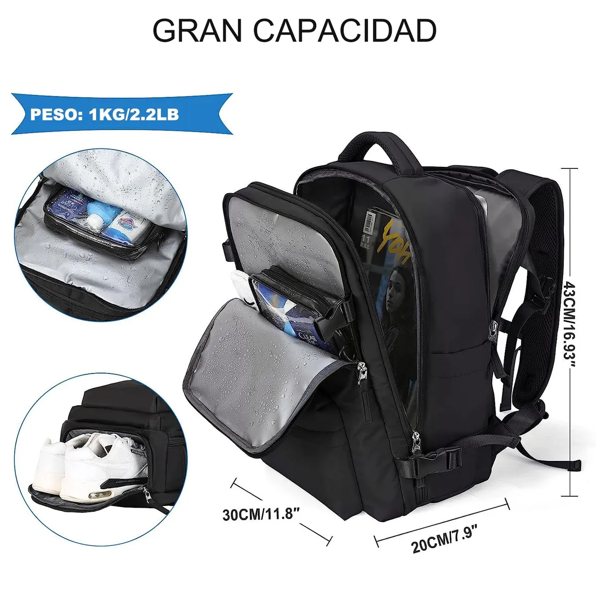 WELDMON - mochila viajecon Puerto de USB y Zapato Compartimentonegro