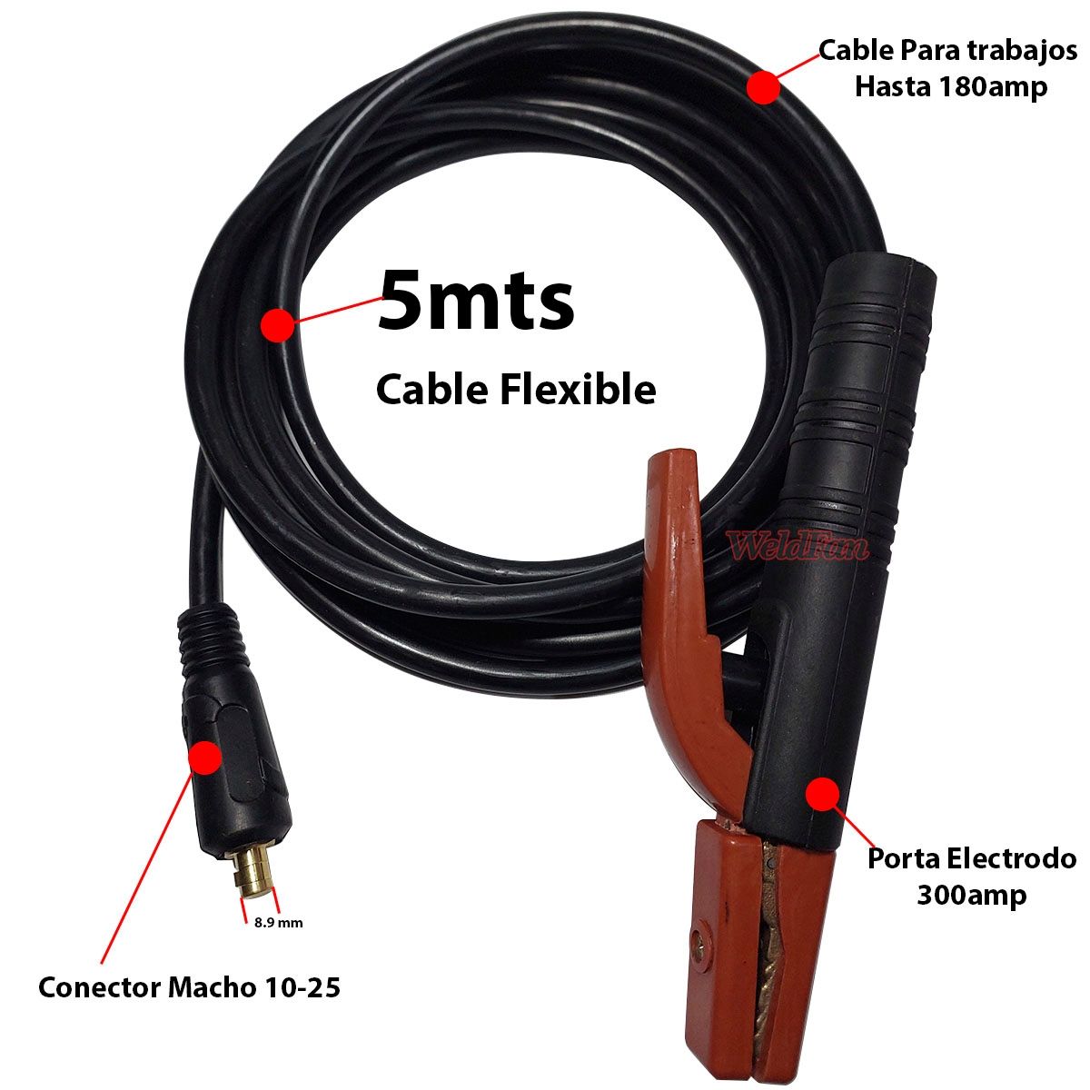 GENERICO - Porta Electrodo 5 Mts Cable Flexible Para Soldar  Macho 10-25