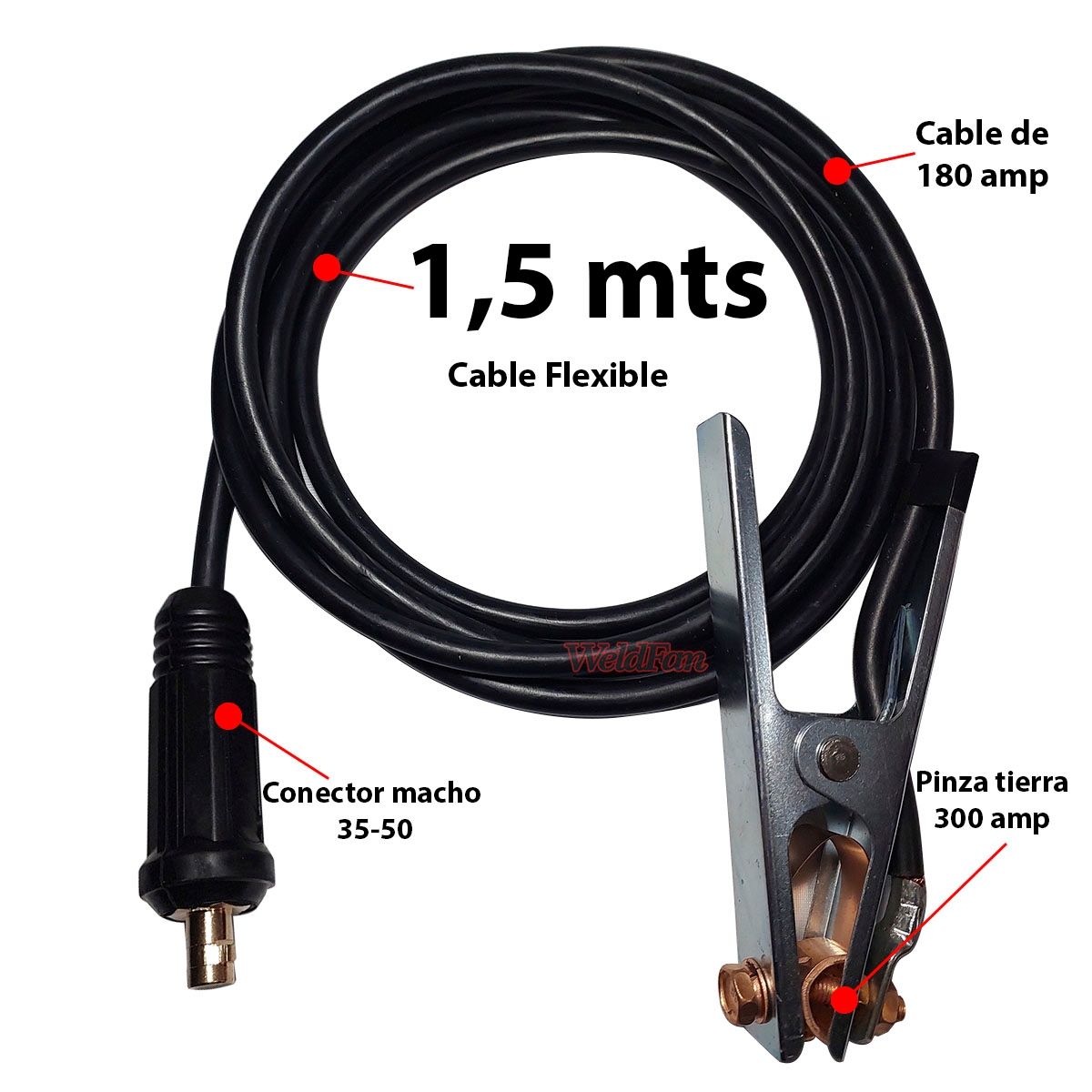 GENERICO - Pinza Tierra Con Cable 1.5 Mts - Cable Flexible Macho 35-50