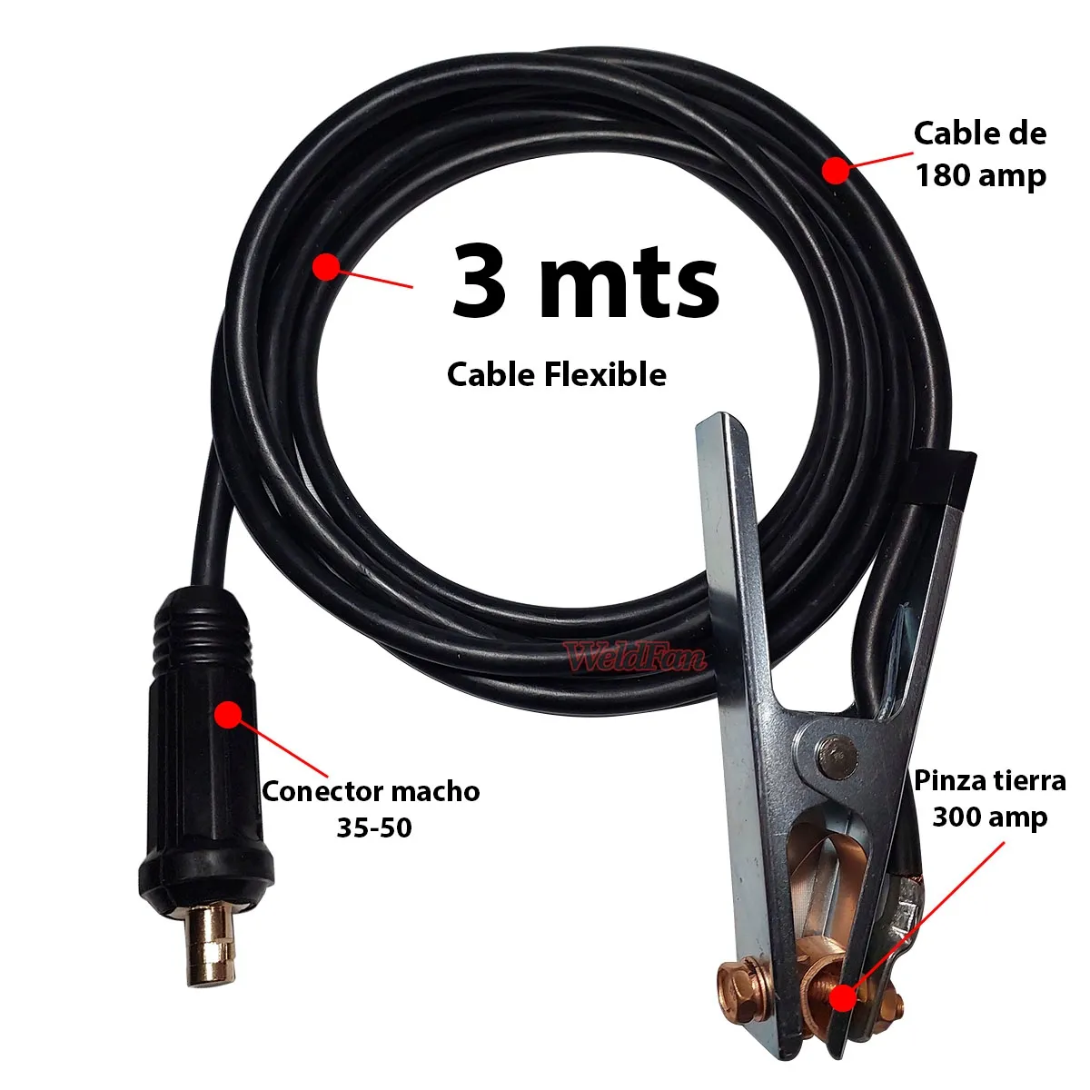 GENERICO - Pinza Tierra Con Cable 3 Mts - Cable Flexible Macho 35-50