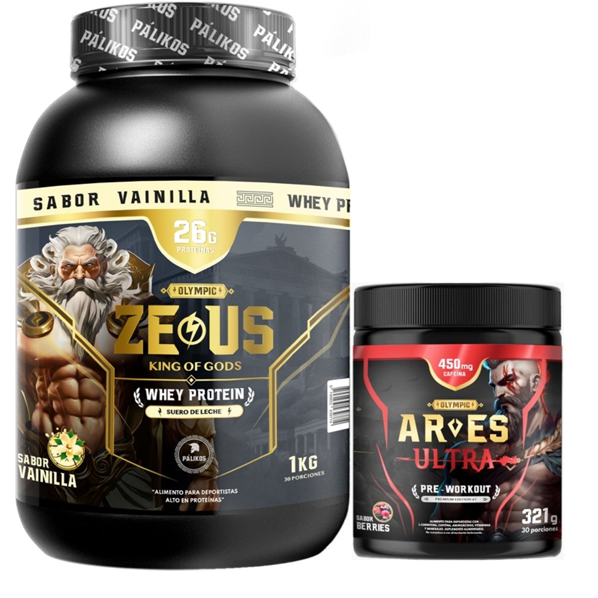 PALIKOS FITNESS - Proteina Zeus 1kg Vainilla + Ares Ultra 450 mg cafeina.