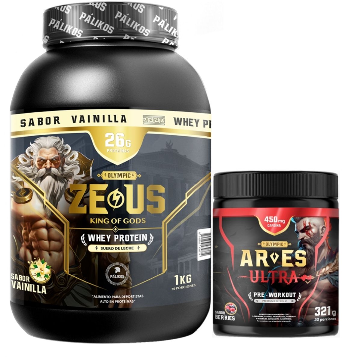 PALIKOS FITNESS - Proteina Zeus 1kg Vainilla + Ares Ultra 450 mg cafeina.