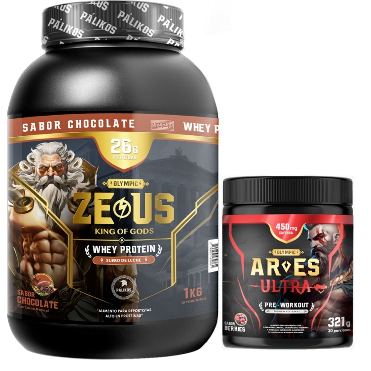 PALIKOS FITNESS - Proteina Zeus 1kg Chocolate + Ares Ultra 450 mg cafeina.