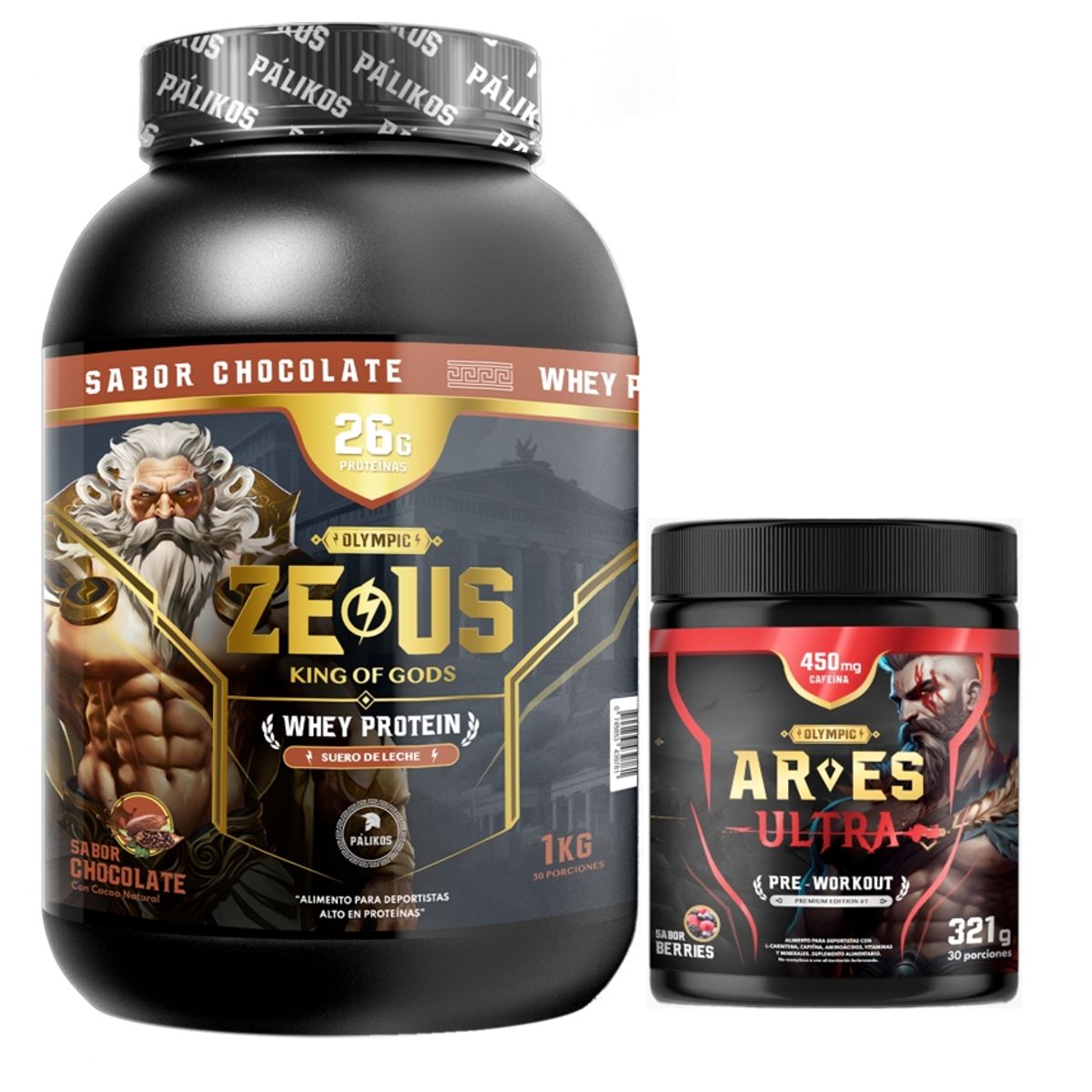 PALIKOS FITNESS - Proteina Zeus 1kg Chocolate + Ares Ultra 450 mg cafeina.