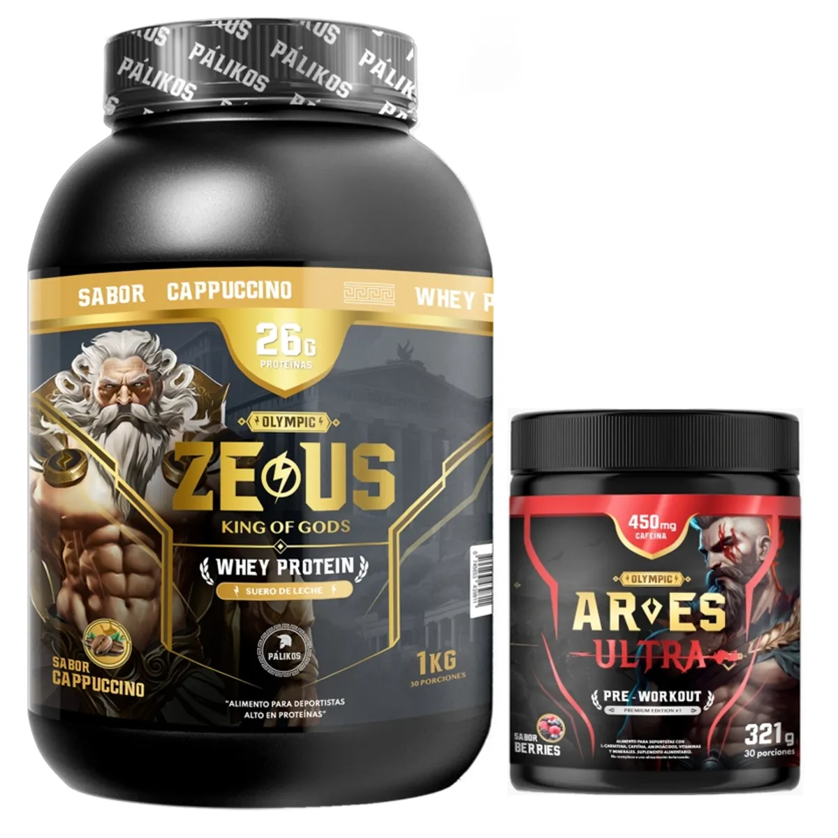 PALIKOS FITNESS - Proteina Zeus 1kg Cappuccino + Ares Ultra 450 mg cafeina.