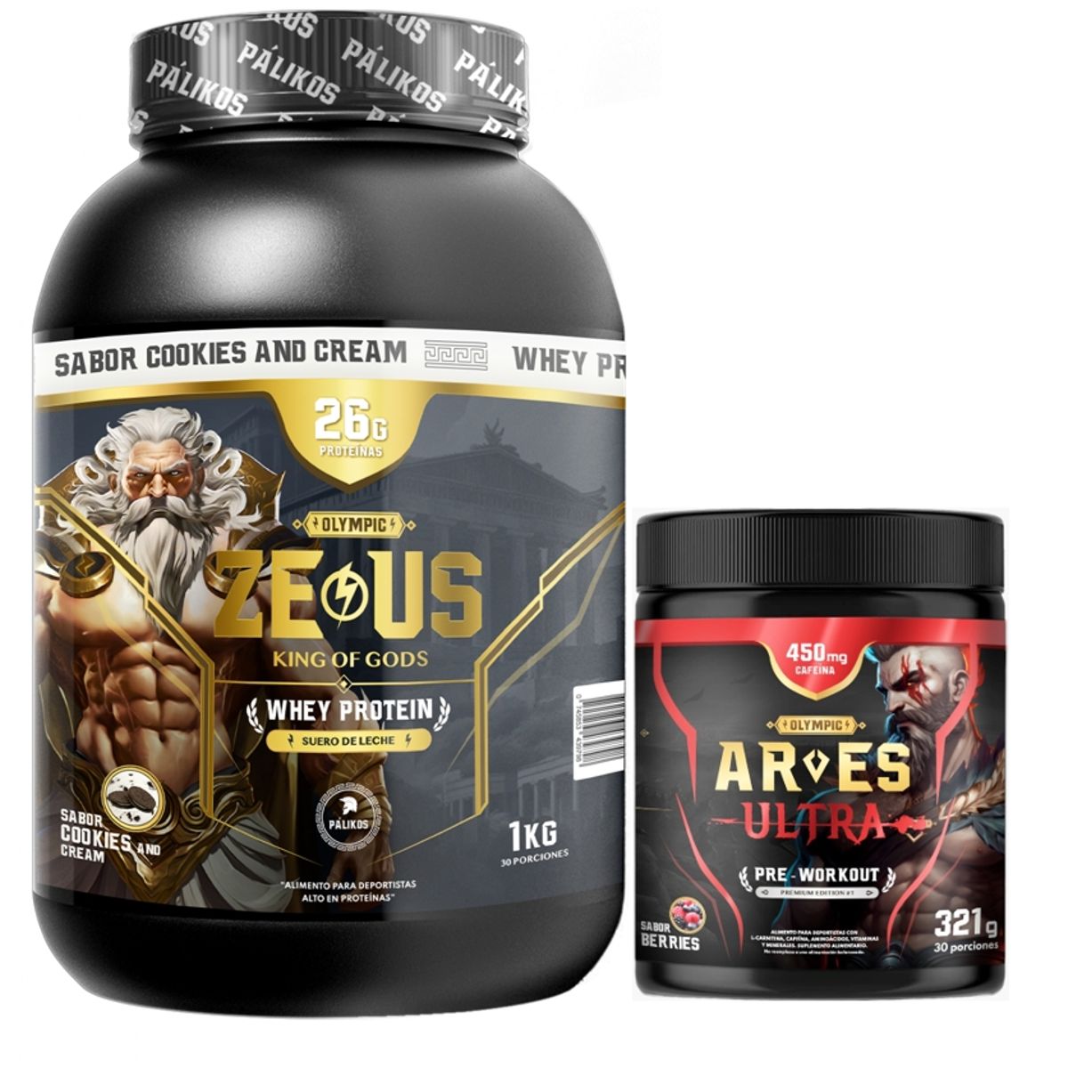 PALIKOS FITNESS - Proteina Zeus 1kg Cookies and Creams + Ares Ultra 450 mg cafeina.