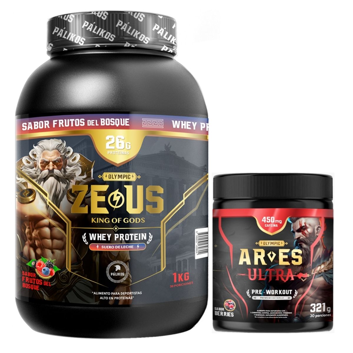 PALIKOS FITNESS - Proteina Zeus 1kg Frutos del bosque + Ares Ultra 450 mg cafeina.