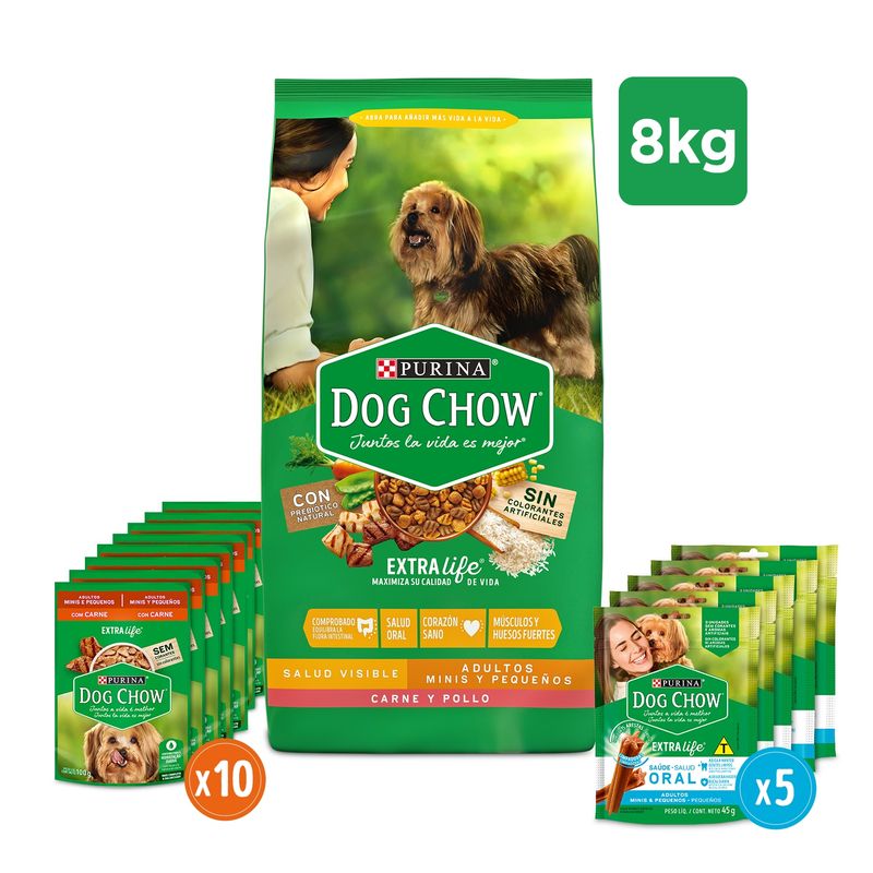 DOG CHOW - Pack Dog Chow  8kg Alimento seco Adultos Pequeños + 10 pouches + 5 Snack dental
