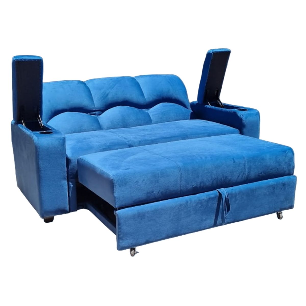 MUEBLERIA LATINA - SOFA CAMA FUNCIONAL 2 PZ DECO FELPA AZUL PETROLEO CON POSAVASO