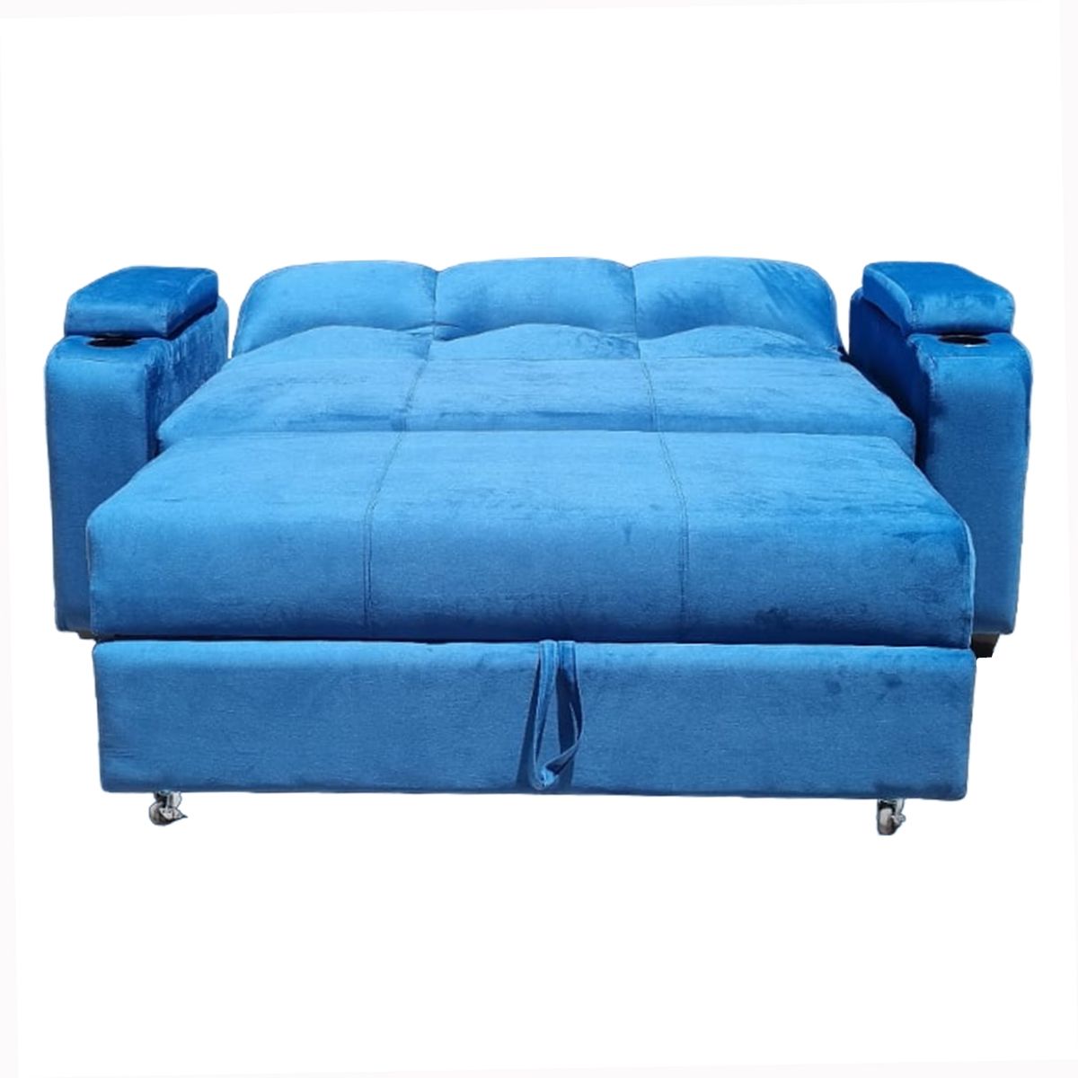 MUEBLERIA LATINA - SOFA CAMA FUNCIONAL 2 PZ DECO FELPA AZUL PETROLEO CON POSAVASO