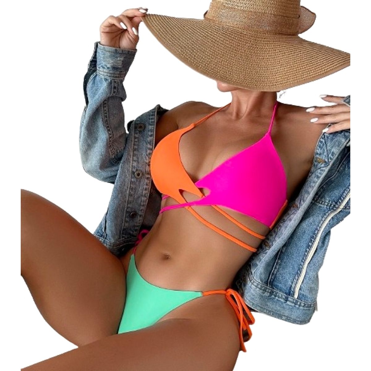 GENERICO - Bañador Bikini Traje de Baño 2 Pzs Color Combinado y Entrecruzado.