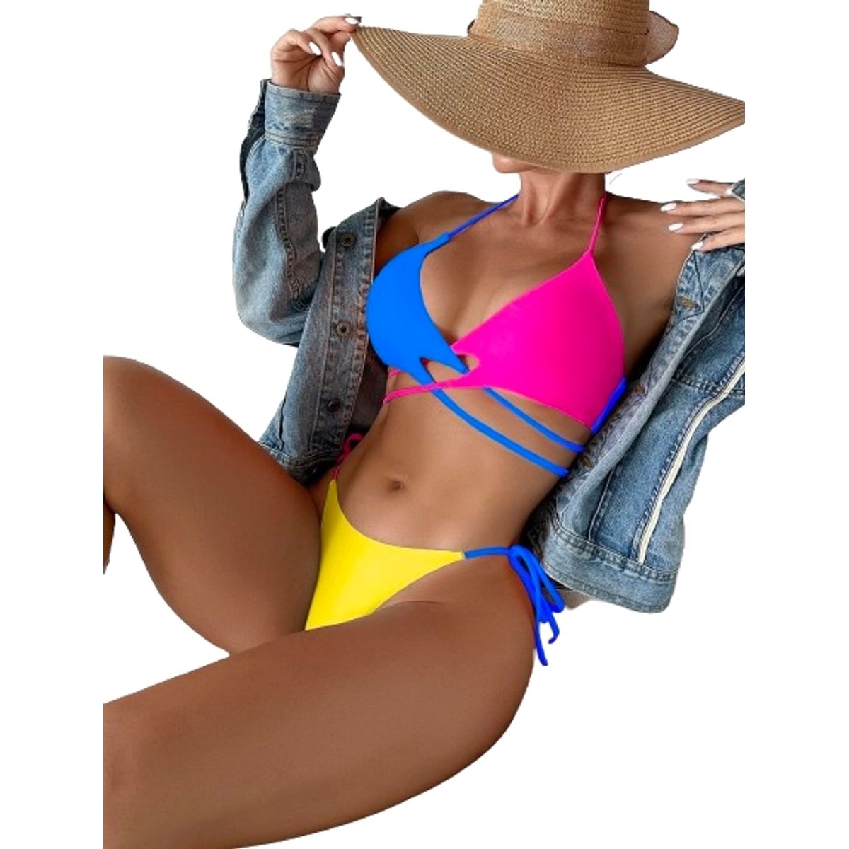 GENERICO - Bañador Bikini Traje de Baño 2 Pzs Color Combinado y Entrecruzado.