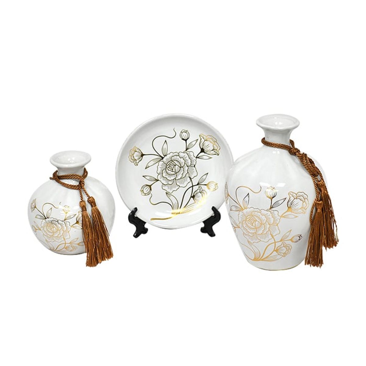 MSA MUEBLES SANTA ANA - Floreros y Plato Decorativo Flores Blanca