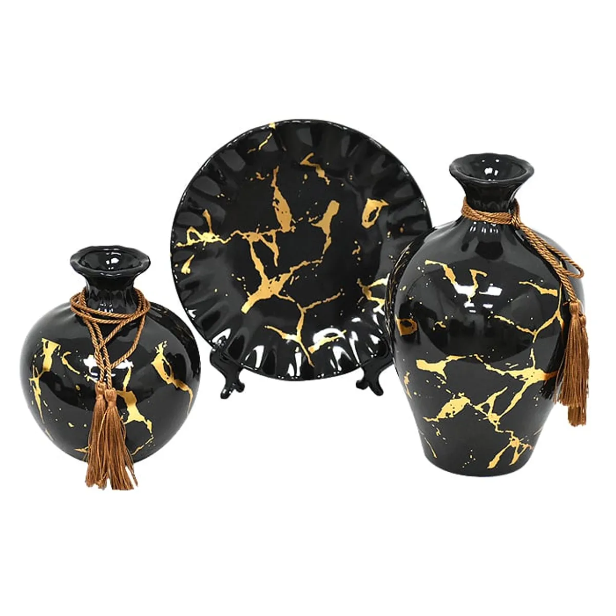 MSA MUEBLES SANTA ANA - Floreros y Plato Decorativo Negro Dorado XL