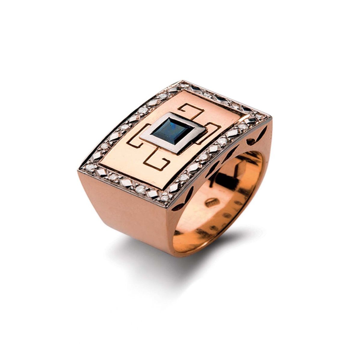 JB JOYAS BARON - Anillo de Oro Rosado 18kt Modelo Tezca 16 Diamantes Corte Brillante de 1pts y Zafiro central de 3x3