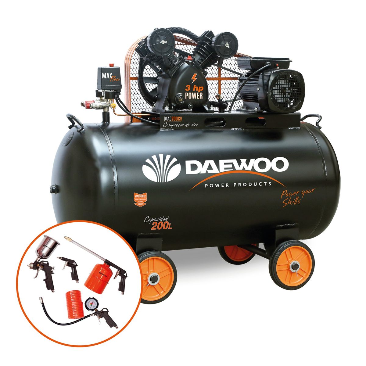 DAEWOO - Compresor De Aire 200L Daewoo 3hp 8bar 115psi + Kit 5 Piezas