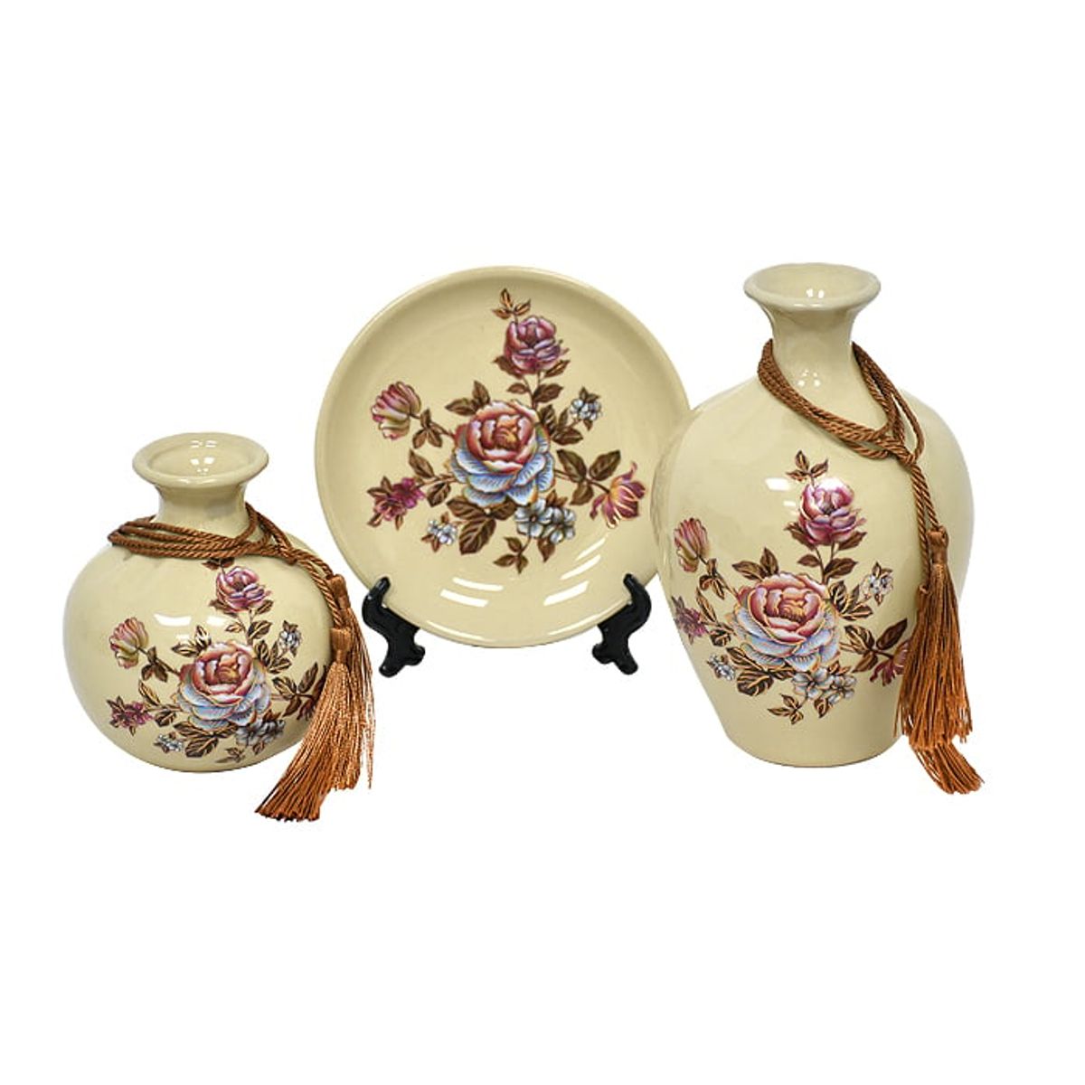 MSA MUEBLES SANTA ANA - Floreros y Plato Decorativo Flores Beige