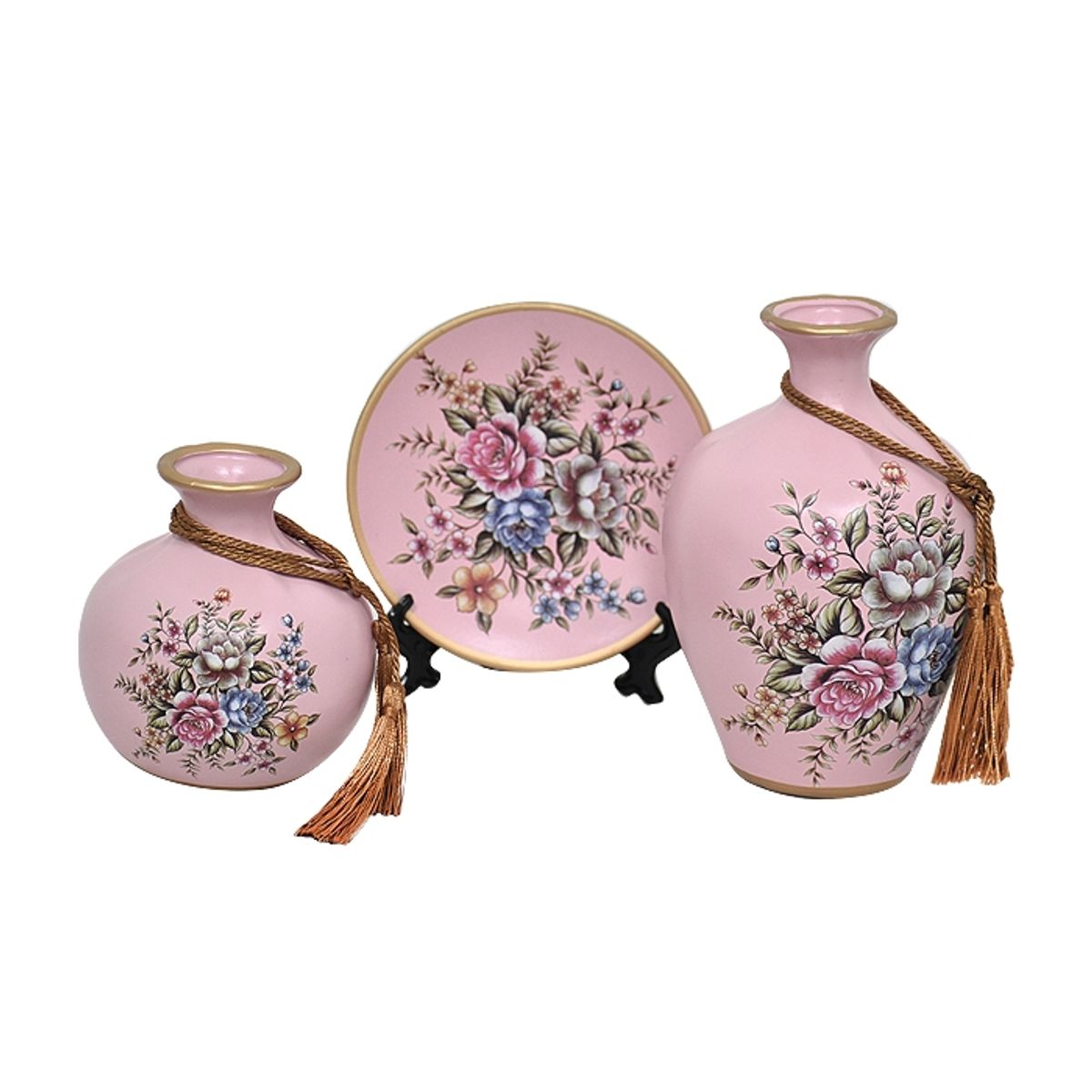 MSA MUEBLES SANTA ANA - Floreros y Plato Decorativo Flores Rosadas