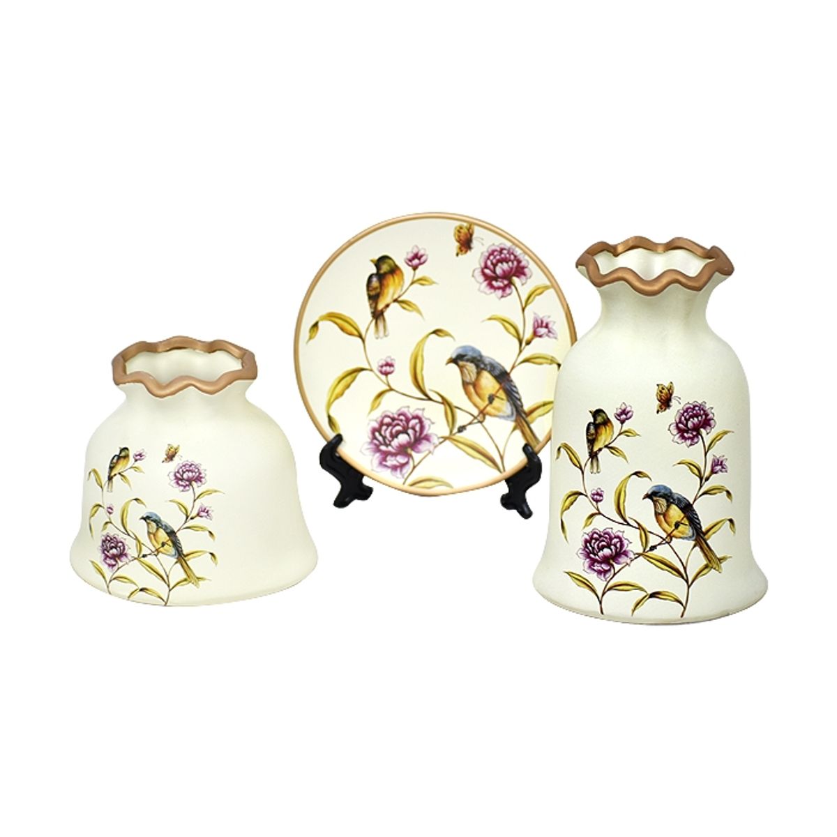 MSA MUEBLES SANTA ANA - Floreros y Plato Decorativo Blanco Pajarito