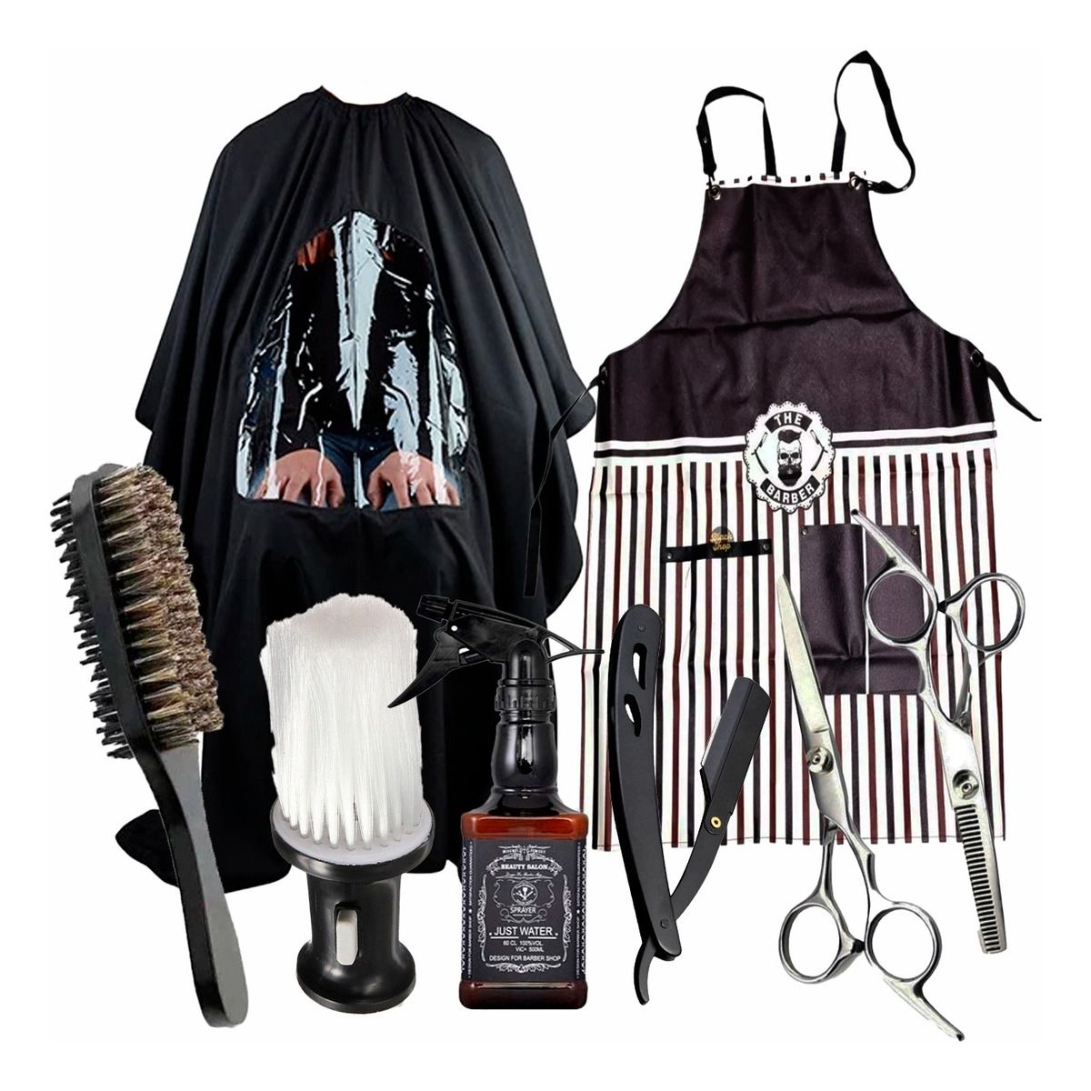 GENERICO - Pack Completo De Barberia Pechera  Tijera  Capa  Cepillo Negro.