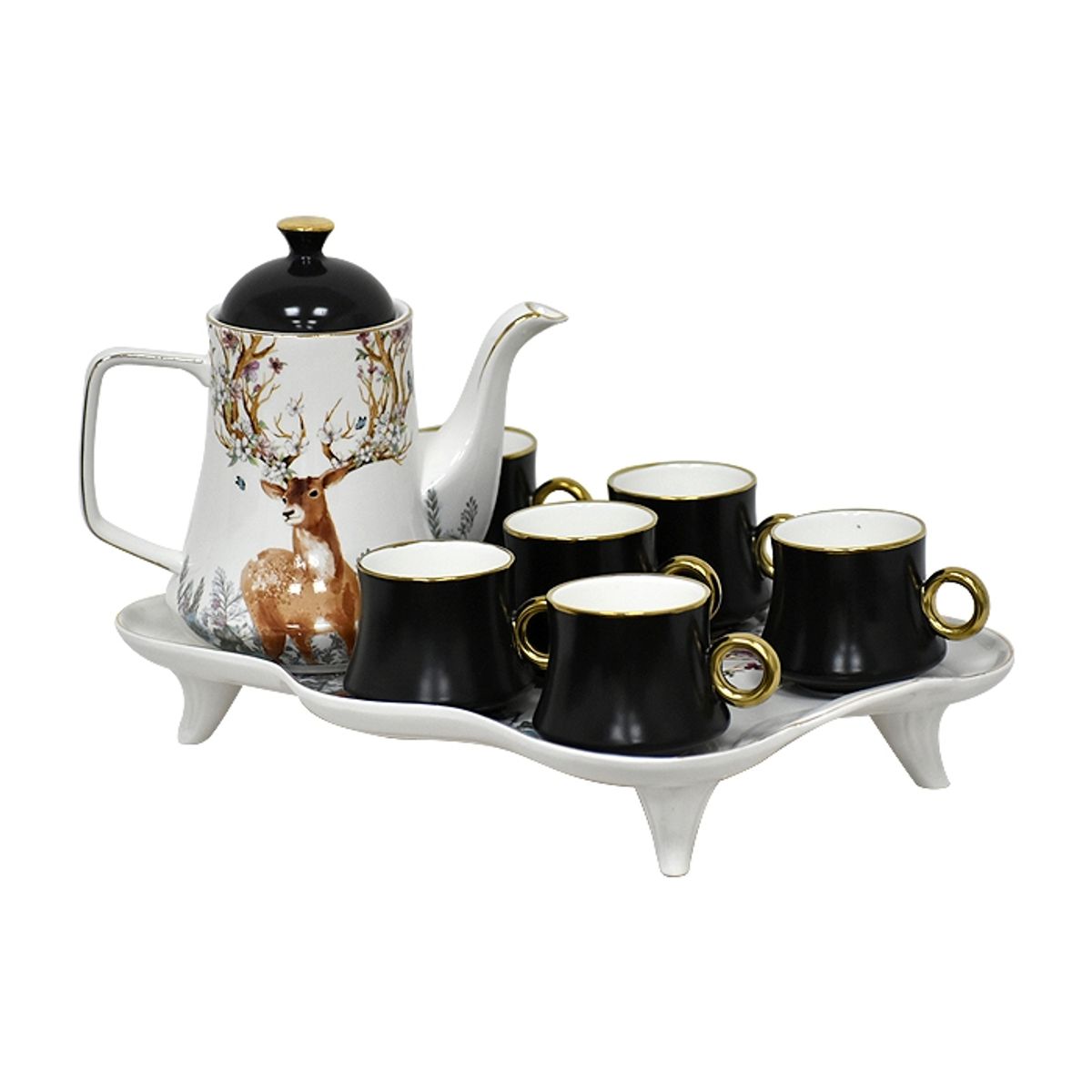 MSA MUEBLES SANTA ANA - Set Bandeja Té con Tetera 6 Tazas Cerámica Premium
