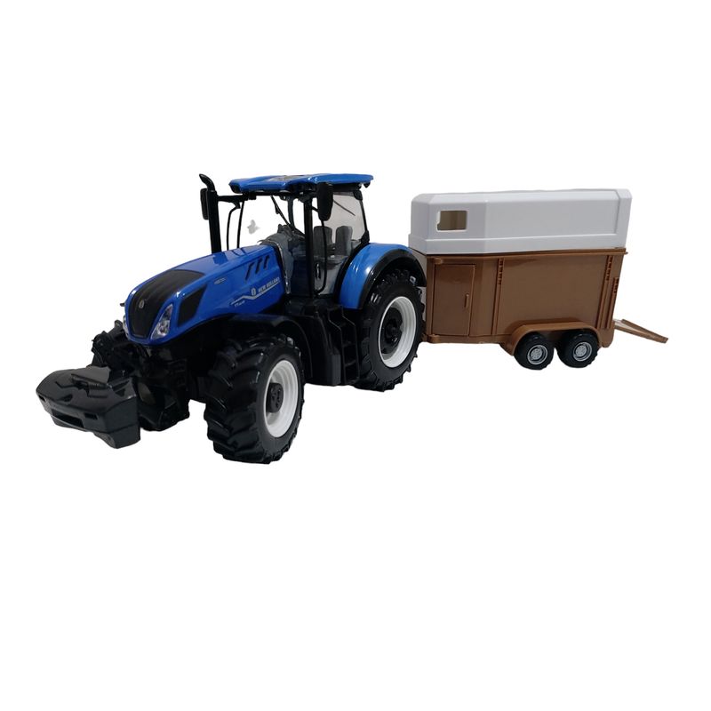 BBURAGO - Tractor a escala 1.32 azul New Holland con remolque de ganado
