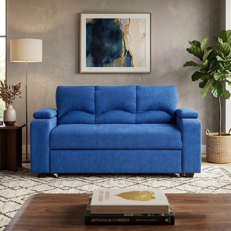 SOFA CAMA FUNCIONAL 2 PZ DECO LINO AZUL ...