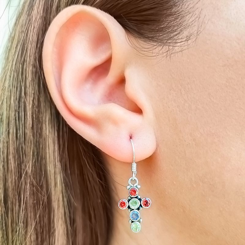 ANDREA COGGIOLA JOYAS - Aros Cruz Mix Piedras Colgante Plata Fina 925