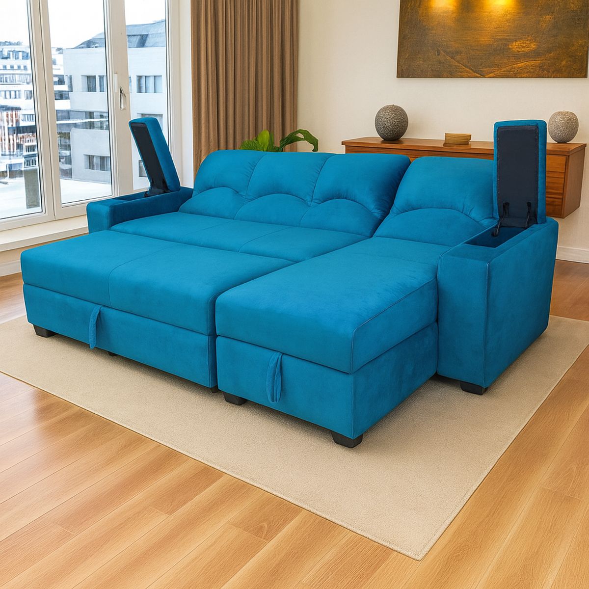 MUEBLERIA LATINA - SECCIONAL CAMA BAUL FUNCIONAL 2 PZ DECO FELPA TURQUEZA DERECHO