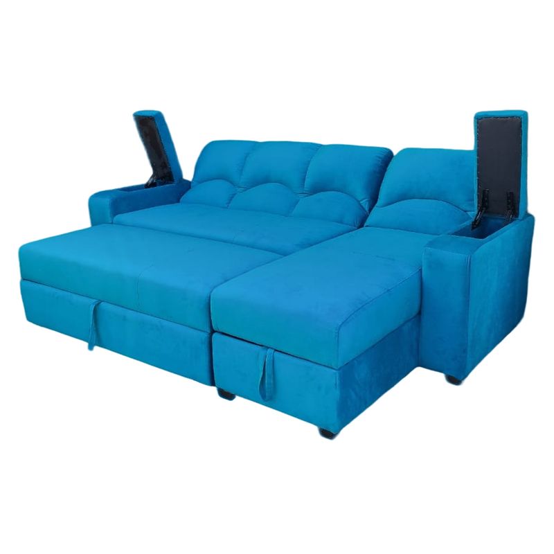 MUEBLERIA LATINA - SECCIONAL CAMA BAUL FUNCIONAL 2 PZ DECO FELPA TURQUEZA DERECHO