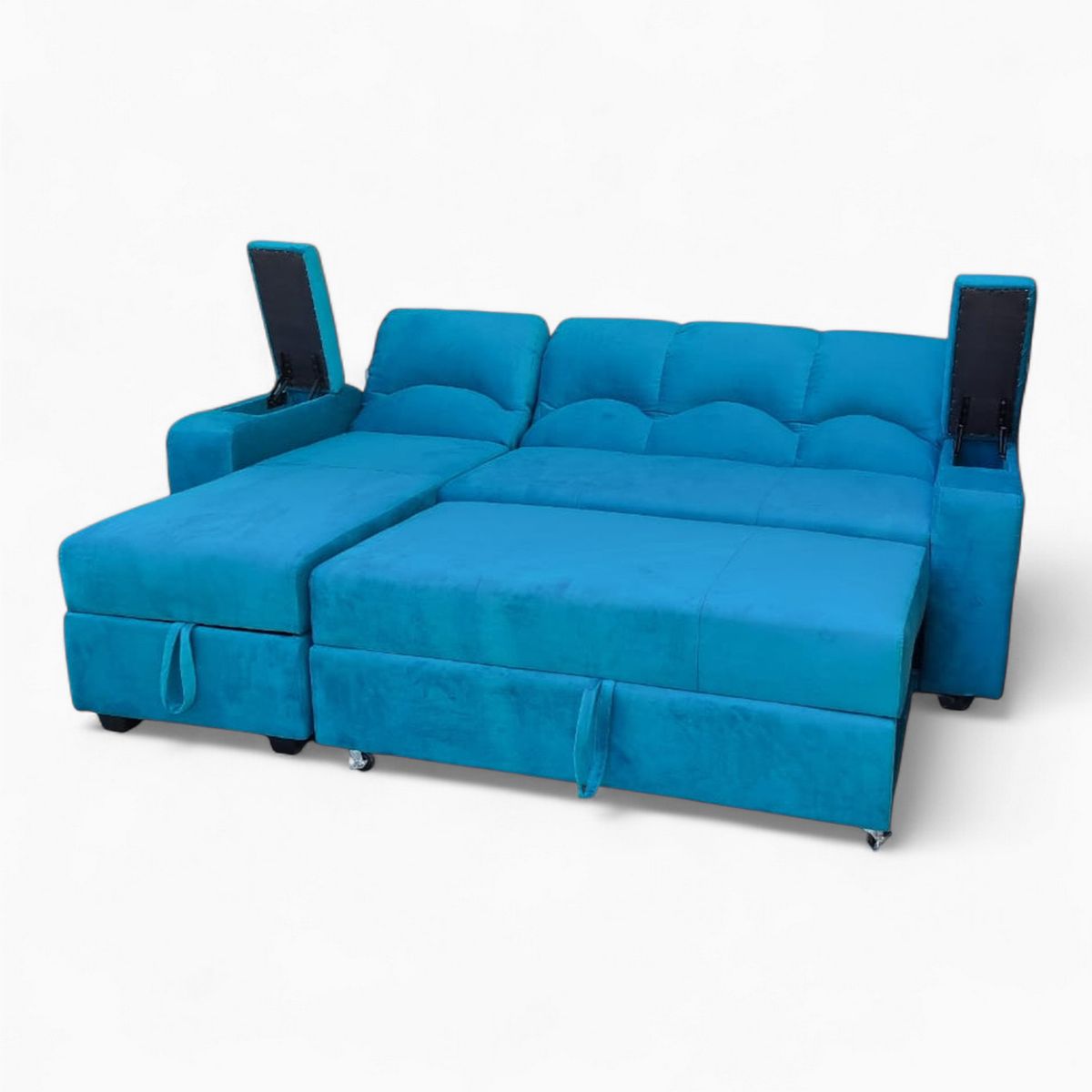 MUEBLERIA LATINA - SECCIONAL CAMA BAUL FUNCIONAL 2 PZ DECO FELPA TURQUEZA DERECHO