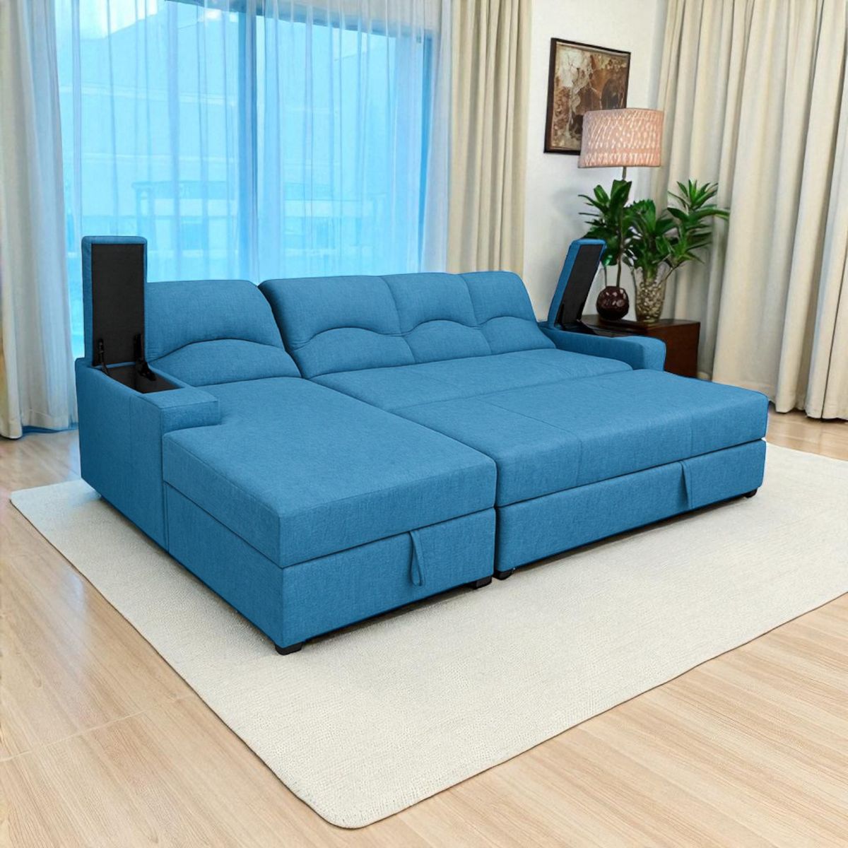 MUEBLERIA LATINA - SECCIONAL CAMA BAUL FUNCIONAL 2 PZ DECO FELPA TURQUEZA IZQUIERDO