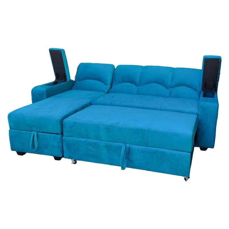 MUEBLERIA LATINA - SECCIONAL CAMA BAUL FUNCIONAL 2 PZ DECO FELPA TURQUEZA IZQUIERDO